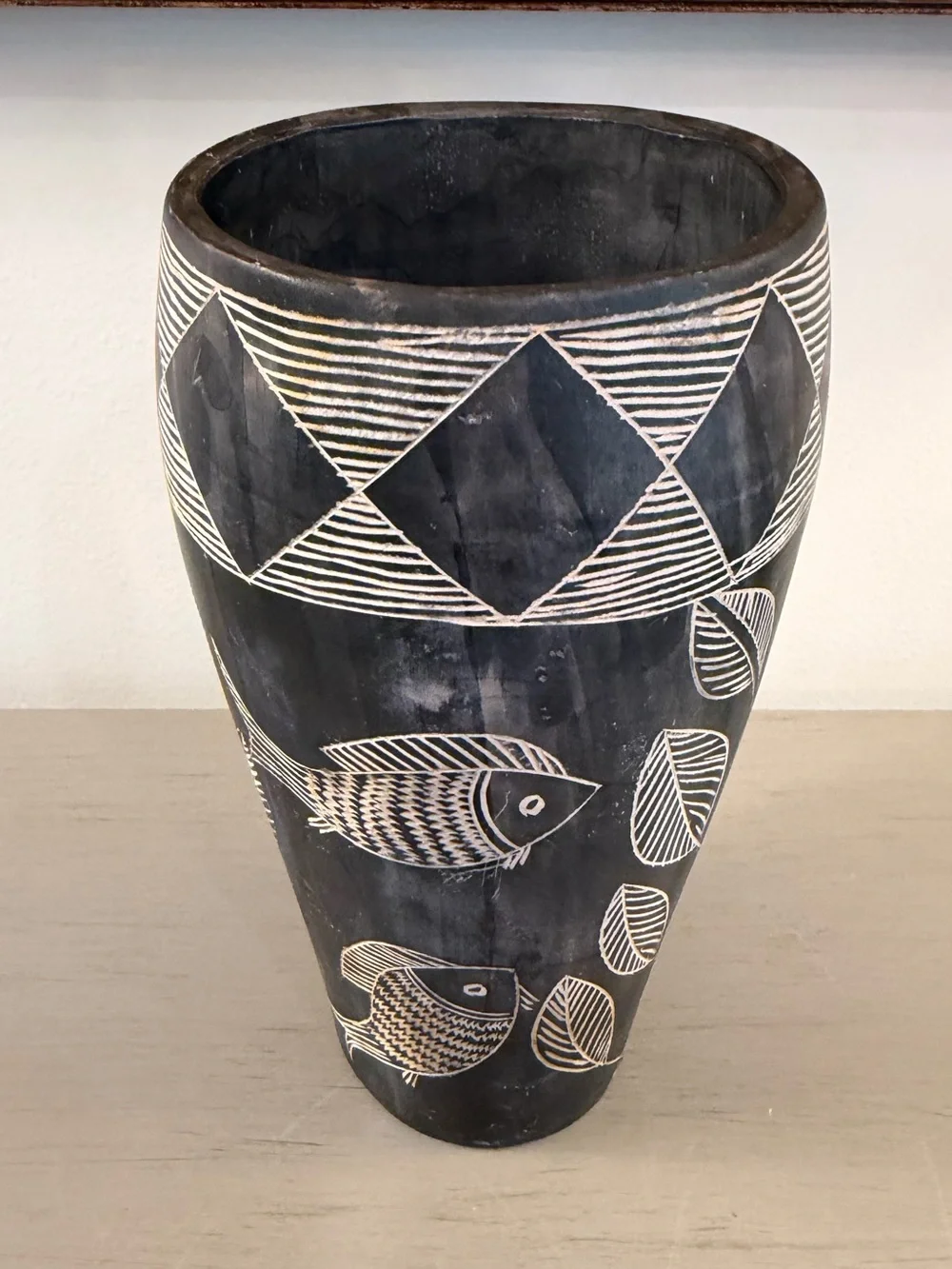 Hand Carved African Soapstone Vase Fish Plants Black White 8” Vessel
